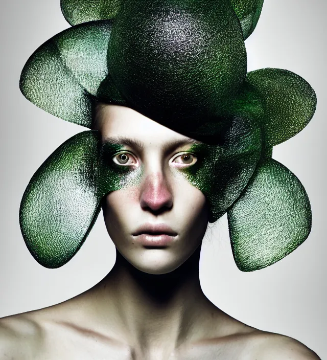 Image similar to photography face portrait of one female fashion model in rainforest, wearing a hat designed by iris van herpen, creative colorfull - makeup, curly hair style half long, photography by paolo roversi nick knight, helmut newton, avedon, and araki, natural pose, highly detailed
