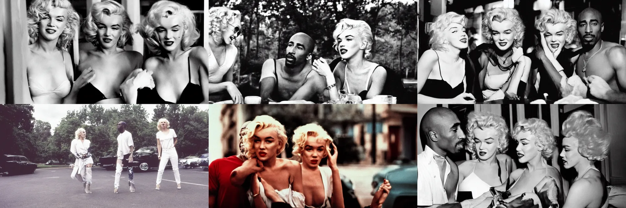 Prompt: movie still 35mm film photograph of ,Tupac Shakur and Marilyn Monroe on a date, f4 aperture, cinematic Eastman 5384 film