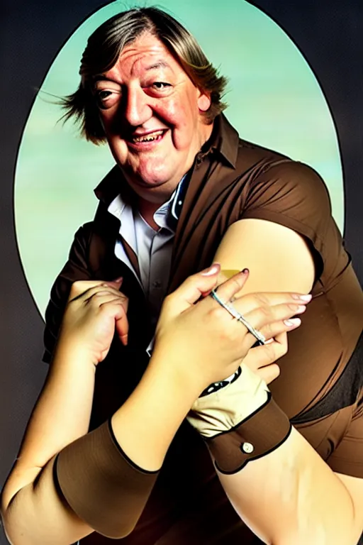 Image similar to stephen fry winking his left eye at the camera, in the style of art by artgerm and greg rutkowski and alphonse mucha