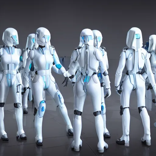 Image similar to troop of grannies with white bob hairdos, tight light blue neopren battle suits, futuristic cloning facility, sci - fi, highly detailed, cinematic