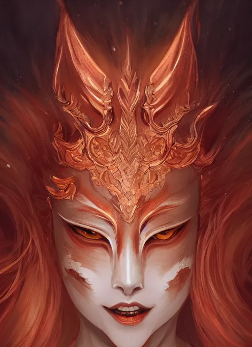 Image similar to a beautiful detailed oil on copper art illustration of a japanese kitsune mask devil woman, centered, by charlie bowater, zeng fanzh, trending on artstation, dim dusk lighting, cinematic lighting, detailed lighting, volumetric lighting, realistic, f 8, 4 k hd wallpaper