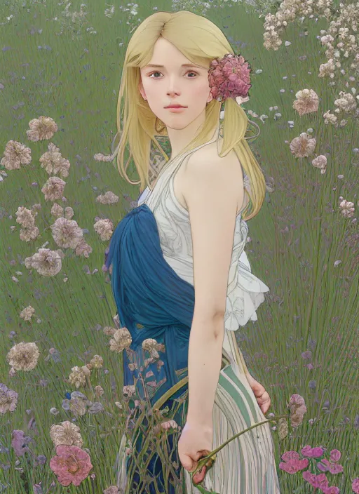 Image similar to pretty young man with shoulder length blond hair, half body shot, emotional, decorative flower patterned background, path traced, highly detailed, high quality, digital painting, by studio ghibli and alphonse mucha, leesha hannigan, hidari, disney, jules bastien - lepage, art nouveau, martine johanna, android jones, andreas rocha