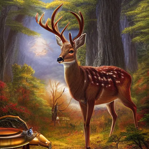 Image similar to a detailed fantasy painting of a deer in a forest looking at a robot city, by lauri blank, artgerm, evelyn de morgan, 8K, 50mm lens