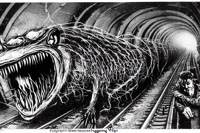 Prompt: very large giant mutant zombie irradiated ( angry rat ) staying on railways in tonnel of moscow subway. tonnel, railways, giant angry rat, furr, fangs, claws, very realistic. extreme long shot, wide angle, herman nitsch and herman nitsch, giger.