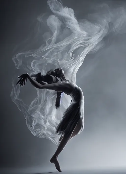 Image similar to a Photorealistic dramatic hyperrealistic render of a beautiful Female smoke dancer by Ken Brower and Deborah Ory of NYC Dance project,Lois Greenfield,Flowing cloth and smoke,Beautiful dynamic dramatic dark moody lighting,volumetric,shadows,cinematic atmosphere,Octane render,8K