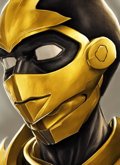 Image similar to bust, head and torso only, yellow ranger, trending on artstation, unreal engine, movie poster, fine detail, extremely detailed, sharp focus, smooth, digital illustration, by rossdraws, frank franzzeta, sakimichan, corrected hand, perfect hands, 4 k