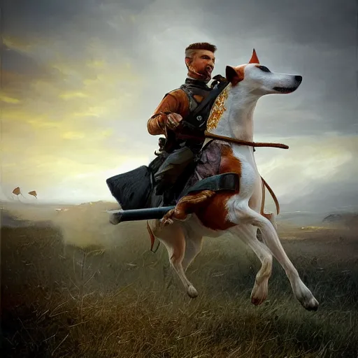 Image similar to hyperrealistic mixed media high resolution painting of a Jack Russell Terrier riding a horse into the Civil War, stunning 3d render inspired art by István Sándorfi and Greg Rutkowski and Unreal Engine, perfect symmetry, dim volumetric lighting, 8k octane beautifully detailed render, post-processing, extremely hyper-detailed, intricate, epic composition, highly detailed attributes, highly detailed atmosphere, cinematic lighting, masterpiece, trending on artstation, very very detailed, masterpiece, stunning, flawless structure, lifelike texture, perfection,