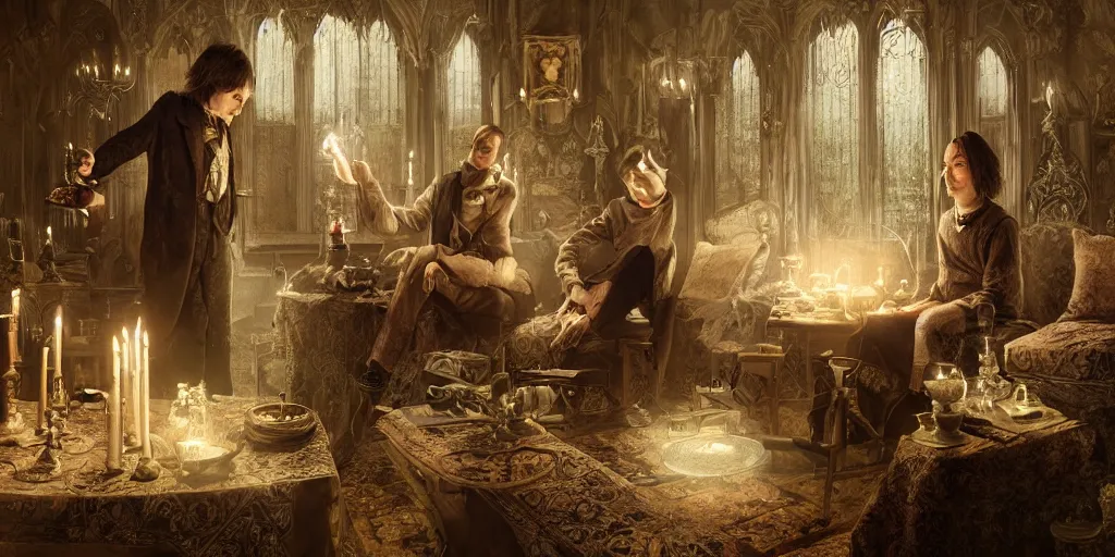 Image similar to Frank Dillane with a crystal ball conducting a seance, intricate, digital painting, old english, victorian, sepia, whimsical background by marc simonetti, artwork by liam wong