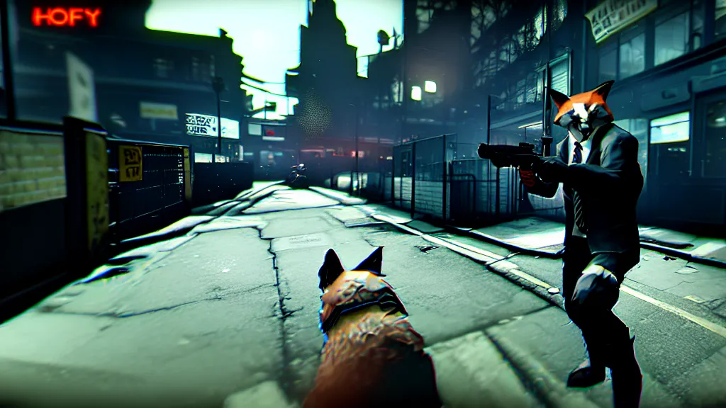 Image similar to screenshot from the pc game payday 2 demonstrating the fursuit unlock - hoxton? more like foxton.