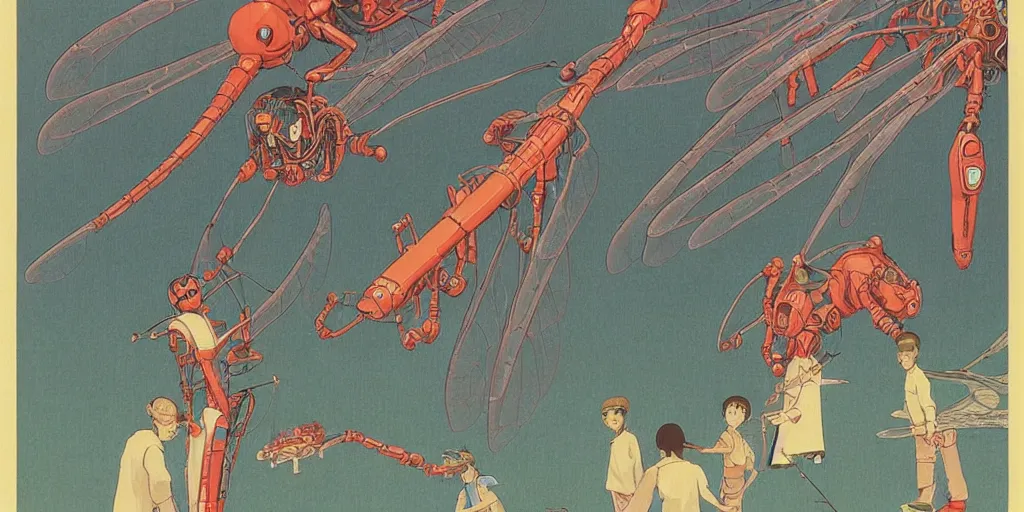 Image similar to gigantic dragonflies with human faces catch tiny robots, a lot of exotic mechas robots around, human heads everywhere, risograph by kawase hasui, edward hopper, satoshi kon and moebius, no text!, colorful flat surreal design, super - detailed, a lot of tiny details, fullshot