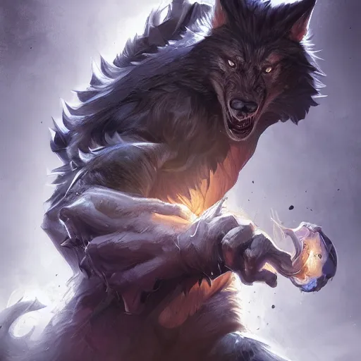 Image similar to portrait of werewolf of ashes and smoke, league of legends splash art, hearthstone splash art, full body shot, rule of thirds, ultrafine hyperrealistic detailed face, artgerm, greg rutkowski, trending on artstation, 8 k, intricately detailed, highly detailed