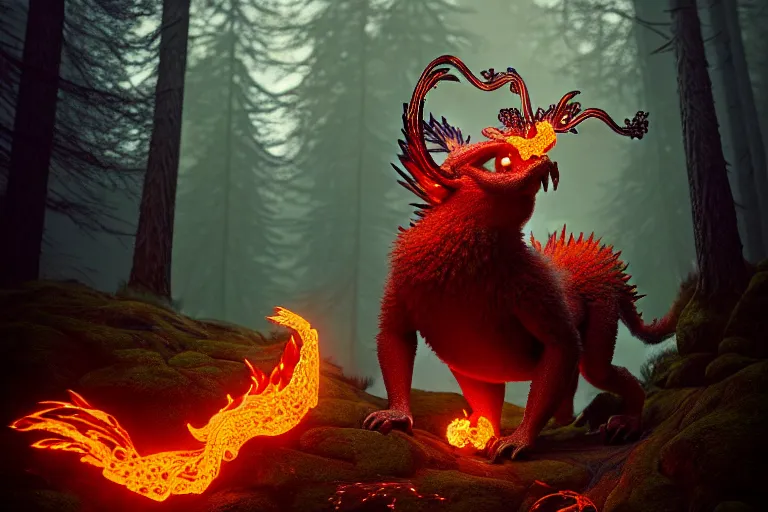 Prompt: ( fire pokemon ) creature creature in a alaskan forest, : : by michal karcz, daniel merriam, victo ngai and guillermo del toro : : ornate, dynamic, particulate, intricate, elegant, highly detailed, centered, artstation, smooth, sharp focus, octane render, 3 d