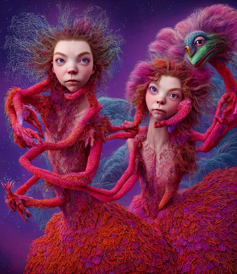Prompt: hyper detailed 3d render like a Oil painting - kawaii portrait of two Aurora (a beautiful girl skeksis muppet fae princess protective playful expressive acrobatic from dark crystal that looks like Anya Taylor-Joy) seen red carpet photoshoot in UVIVF posing in scaly dress to Eat of the Strangling network of yellowcake aerochrome and milky Fruit and His delicate Hands hold of gossamer polyp blossoms bring iridescent fungal flowers whose spores black the foolish stars by Jacek Yerka, Ilya Kuvshinov, Mariusz Lewandowski, Houdini algorithmic generative render, golen ratio, Abstract brush strokes, Masterpiece, Edward Hopper and James Gilleard, Zdzislaw Beksinski, Mark Ryden, Wolfgang Lettl, hints of Yayoi Kasuma and Dr. Seuss, Grant Wood, octane render, 8k
