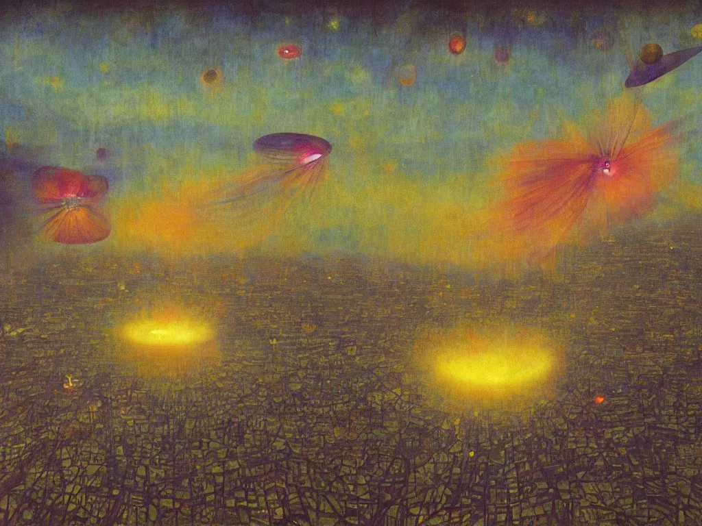 Image similar to study of the psychedelics dream mothership throwing a firefly net over the metropolis of slumber. painting by mikalojus konstantinas ciurlionis, bosch, wayne barlowe, agnes pelton, rene magritte