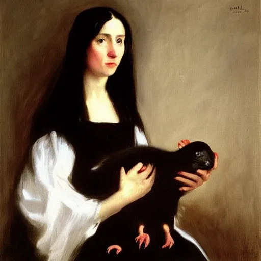 Image similar to “ a portrait of a dark haired girl holding an albino rat, very detailed, oil painting, madame x, dark background, by of john singer sargent ”