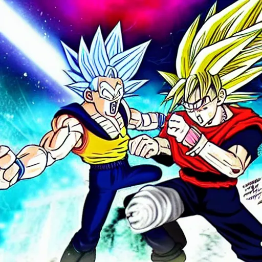 Image similar to rick sanchez fighting goku, realistic