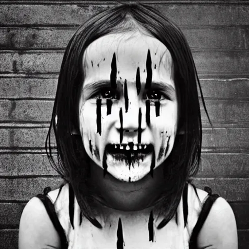 Prompt: uncanny disturbing black and white photo of a girl with sharp teeth and half of his face missing revealing a bloody skull, missing poster, gory, bloody, scary, realistic