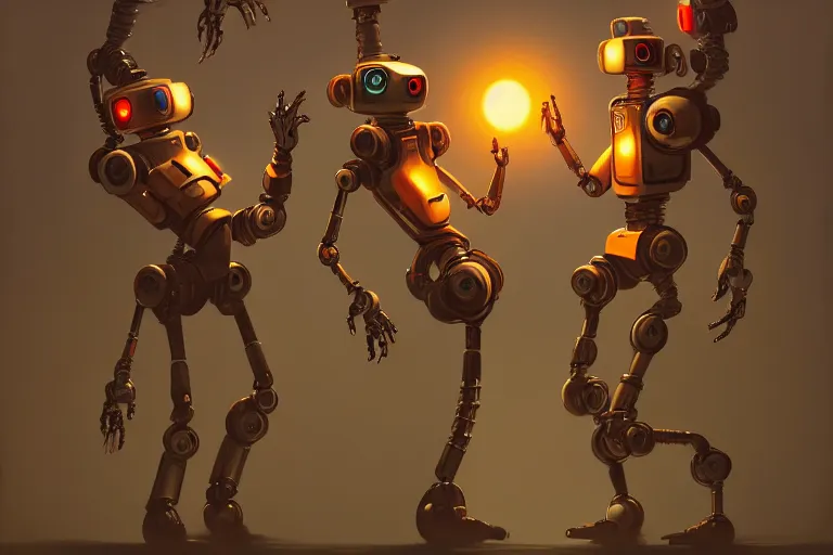 Image similar to robots dancing by otto dix and greg rutkowski and andreas rocha, cinematic lighting, warm colours, ultra realistic, unreal engine, trending on artstation, 4 k