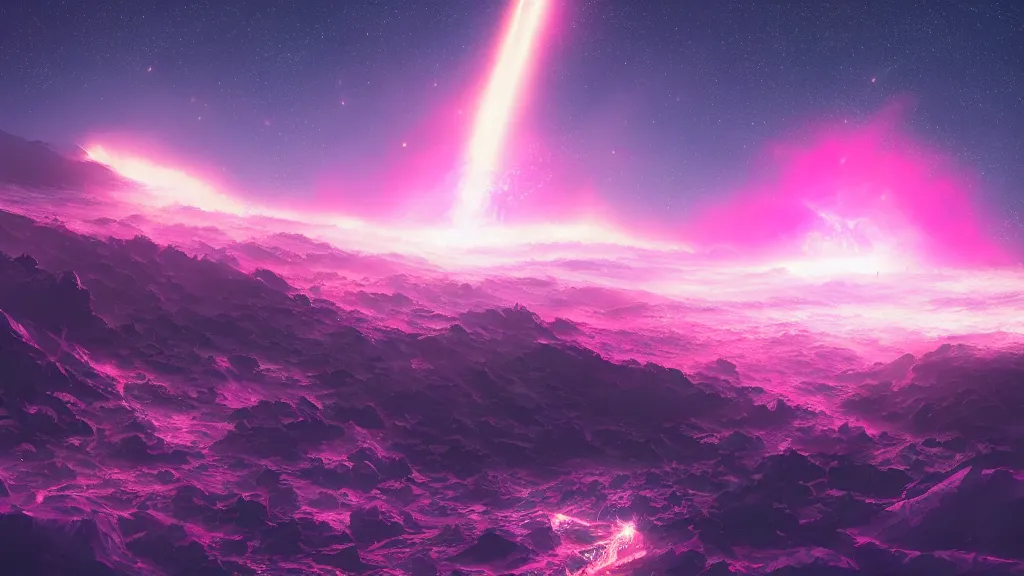 Image similar to large glowing pink meteor shower crashing down on earth, waves of energy, by sylvain sarrailh, rossdraws, ambient light, ultra detailed, fantasy artwork, 8 k, volumetric lighting, trending on artstation, award winning, very beautiful.