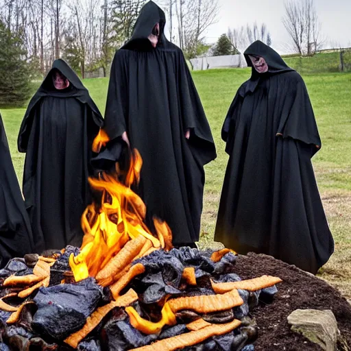 Prompt: a cult of black cloak wearing individuals summon a demonic bag of Fritos brand corn chips from the depths of a raging fire pit. Flames are emerging from fissures in the ground.