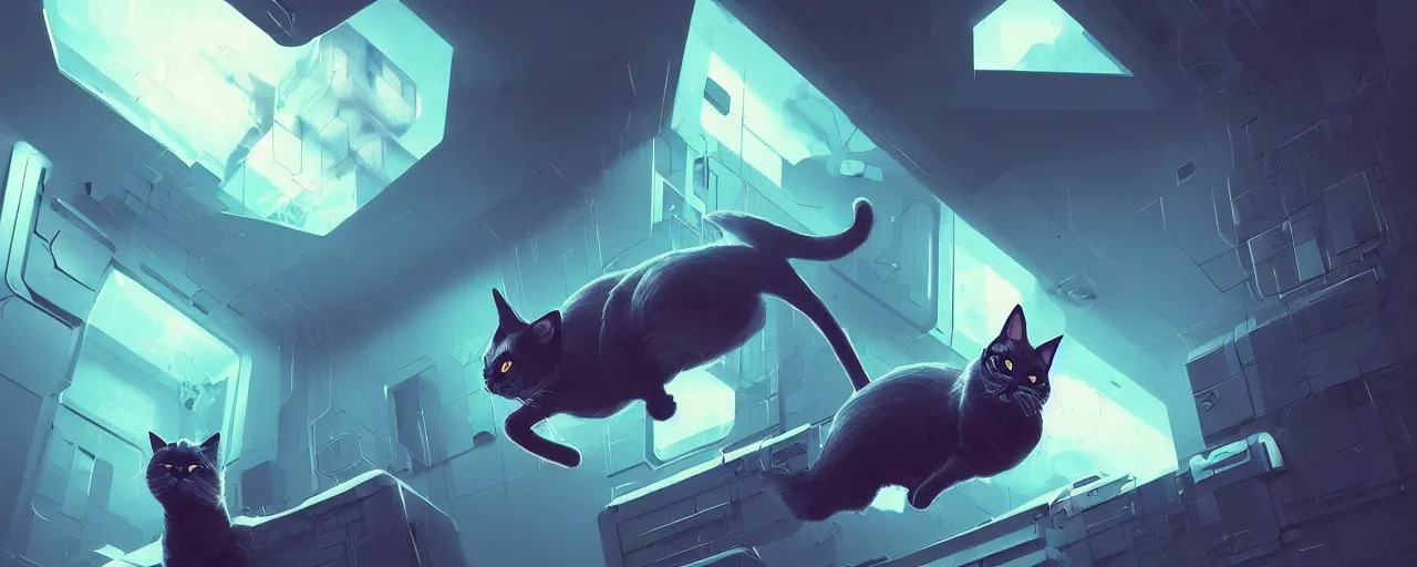 Prompt: duotone noir scifi concept dynamic illustration of 3 d mesh of cat inside box floating zero gravity glowing 3 d mesh quantum portals, glowing eyes, octane render, surreal atmosphere, volumetric lighting. accidental renaissance. by sachin teng and sergey kolesov and ruan jia and heng z. graffiti art, scifi, fantasy, hyper detailed. trending on artstation