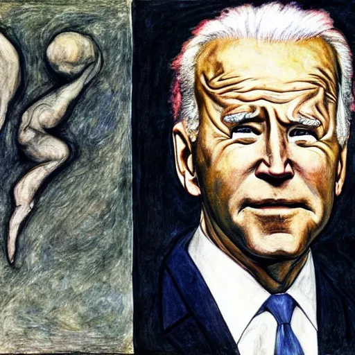 Image similar to joe biden rising from the dead, by egon schiele and william blake and stephen gammell