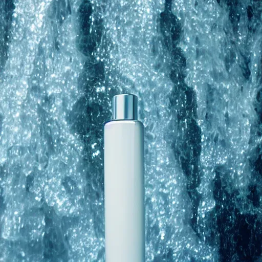 Prompt: centered white perfume standing on top of a clear, blue, waterfall, clean, surreal photography, illumination lighting, sharp focus, vogue