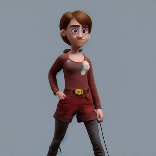 Image similar to full body textured film grain freckled face scratches and smudges hairy emma watson as a pixar character cgsociety octane render unreal engine redshift render trending on artstation trending on artstation render blender behance cg superhero