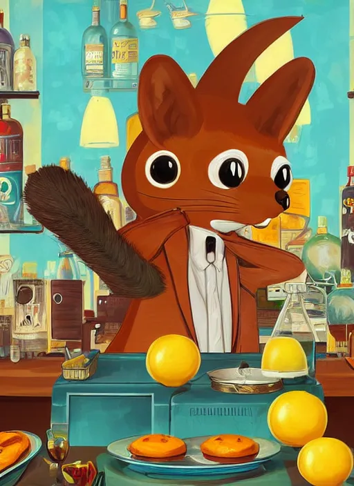 Prompt: squirrel anthro as a dapper bartender with a big fluffy tail, retro futurism, art deco, detailed painterly digital art by Richard Scarry, 🐿🍸🍋, furaffinity, trending on artstation