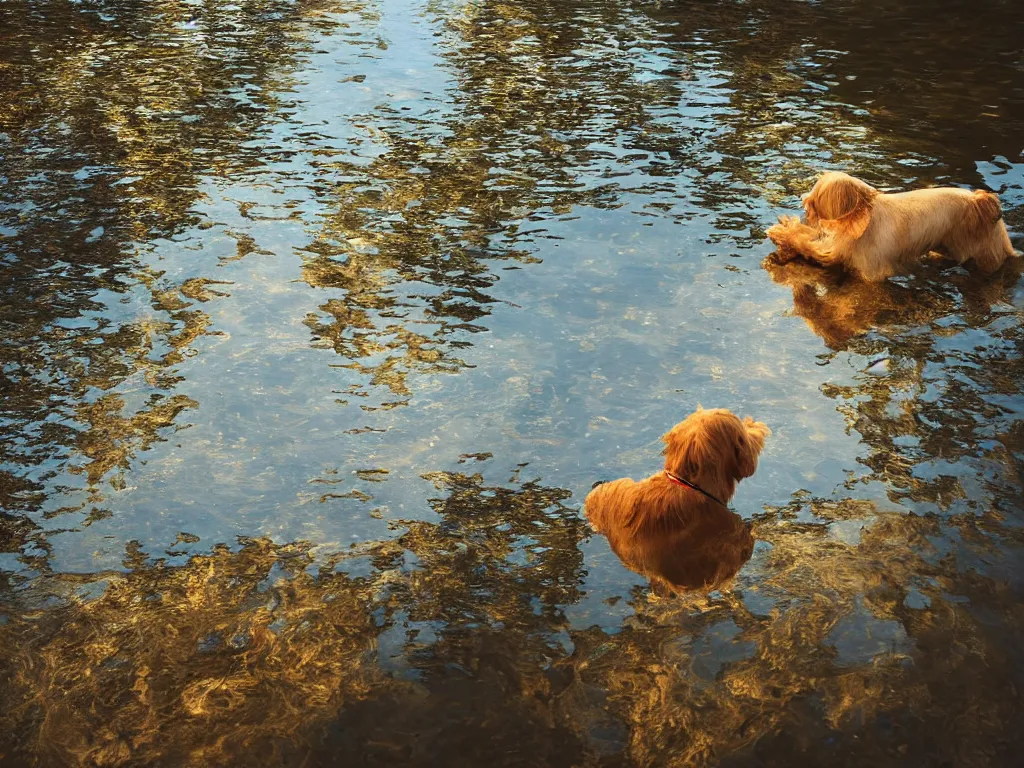 Image similar to a dog looking down at its reflection in water, ripples, river, beautiful!!!!!! swiss forest, photograph, golden hour, octane render, high resolution