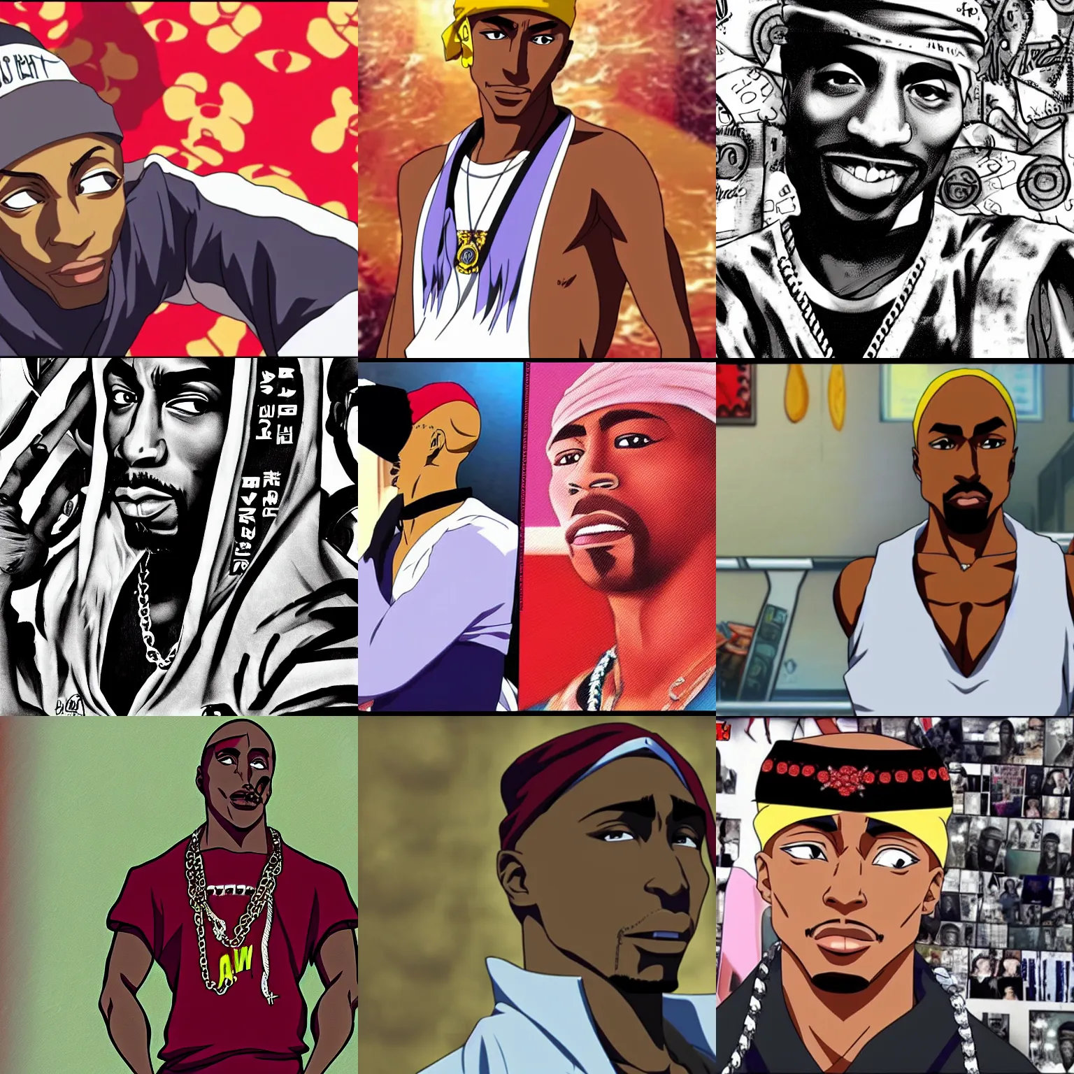 Image similar to Tupac Shakur, screenshot from a 2012s anime