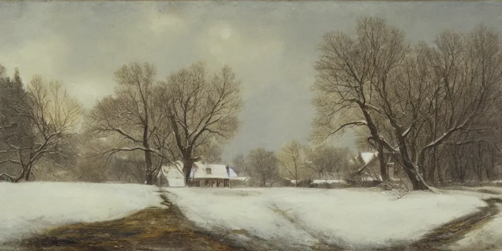 Prompt: a house during a severe winter, by george henry durrie, tree swaying, snow falling