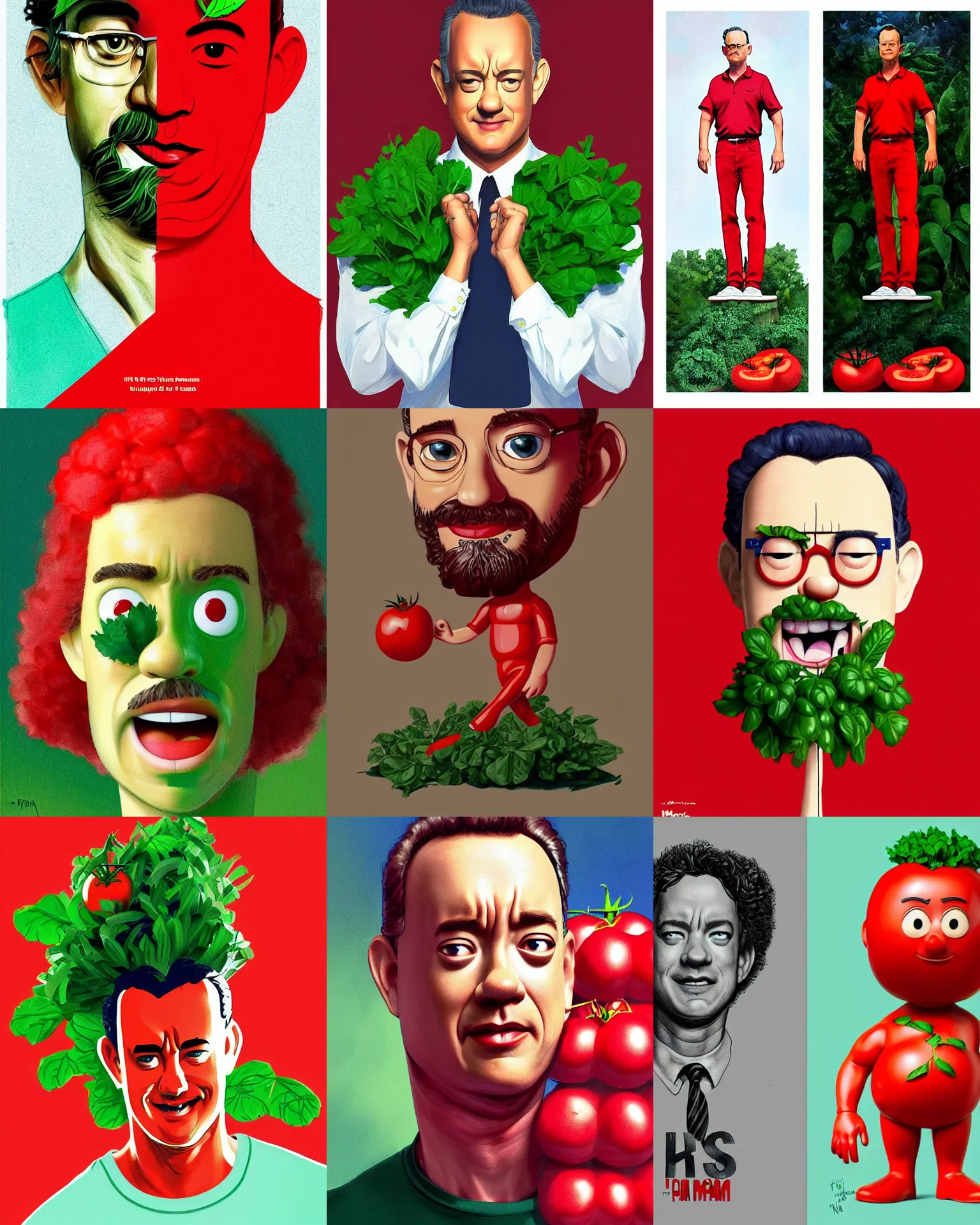 Prompt: tom hanks as forest gump tomato hanks mascot, his skin is red with leafy green hair, animation character, dramatic lighting, london fashion week, forest gump tomato body, shaded lighting poster by magali villeneuve, artgerm, jeremy lipkin and michael garmash, rob rey and kentaro miura style, trending on art station