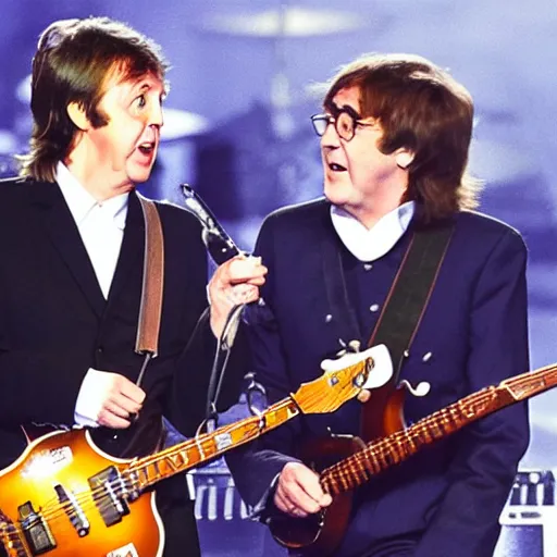 Prompt: Paul McCartney and John Lennon in concert, 2019