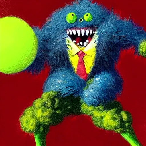 Image similar to a tennis ball monster ,tennis ball, lightning, chalk, digital art, fantasy, magic, trending on artstation, ultra detailed, professional illustration by Basil Gogos