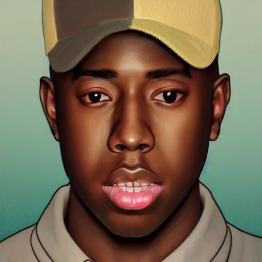 Image similar to hyper realistic tyler the creator, anime style, fashion clothing, shoulder eyes, last exile anime, symmetrical facial features, from arknights, hyper realistic, 4 k, rule of thirds, extreme detail, detailed drawing, trending artstation, realistic lighting, by alphonse mucha, greg rutkowski, short neck