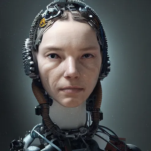 Prompt: Ultra detailed, 4K Portrait of a cyborg woman by Rachel Ruysch