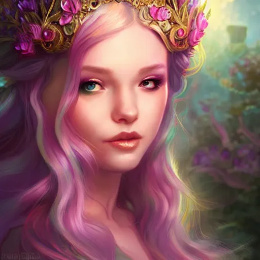 Image similar to enchanted fairy princess, detailed matte fantasy painting, warm morning light, character art portrait, deviantart artstation, by artgerm, by ross tran, by lisa frank