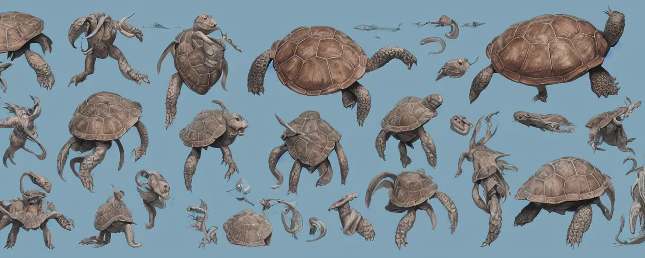 Image similar to character design, reference sheet,turtle, cute, magic, friendly, light blue, welcome, ancient, concept art, photorealistic, hyperdetailed, 3d rendering! , art by Leyendecker! and constable,