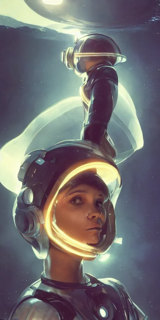 Image similar to Zoe Kravitz with short hair as a futuristic astronaut, helmet with led lights, underwater in the ocean at night, clear water, volumetric lighting, glowing lights, 4k, octane, digital painting, artstation, concept art, sharp focus, illustration, art by artgerm and greg rutkowski and alphonse mucha , wide angle view,