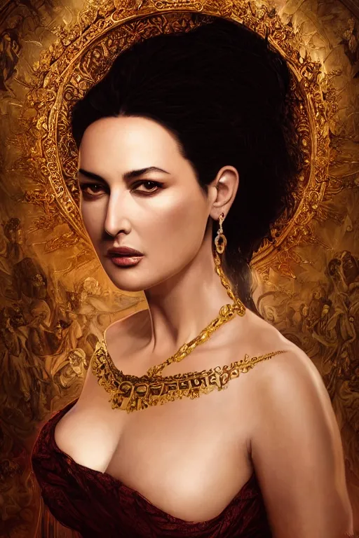 Image similar to majestic gracious regal aristocratic raven haired monica bellucci as the roman - greece vampire pandora portrait, indoors, atmospheric lighting, painted, intricate, volumetric lighting, beautiful, rich deep colours masterpiece, sharp focus, ultra detailed, by leesha hannigan, ross tran, thierry doizon, kai carpenter, ignacio fernandez rios