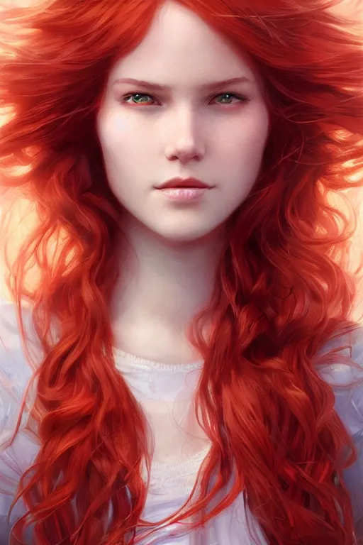 Prompt: beautiful cute red haired joyful and playful 1 9 year old girl, full portrait, long hair, sci - fi, fantasy, intricate, elegant, digital painting, artstation, concept art, smooth, 8 k frostbite 3 engine, ultra detailed, art by artgerm and greg rutkowski and magali villeneuve