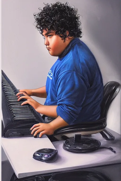 Image similar to painting of a young chubby mexican man with curly hair sitting at his work desk with an incredibly fancy mechanical keyboard, by artgerm and yoshitaka amano, trending on artstation