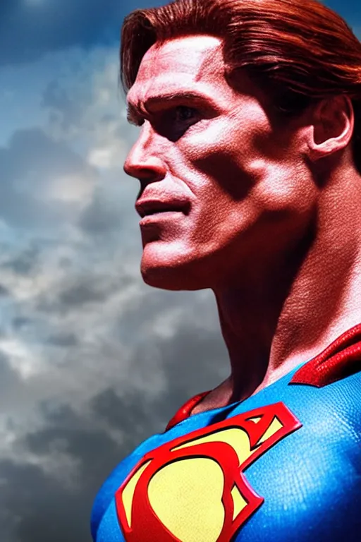 Prompt: a profile shot of Arnold Shvarzenegger as Superman, DC Comics, 8k, hyperrealism, cinematic lighting