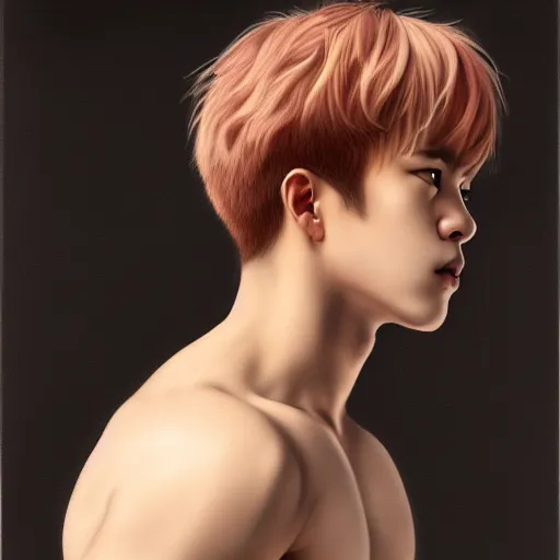 Prompt: wide angle full body portrait of Park Jimin as Antinous, dramatic photography, dramatic facial expression, tears, hand on his cheek, soft skin, soft blush, intricate, ethereal, highly detailed, high resolution, 8K resolution, sharp focus, Unreal engine 5, smooth, art by J. C. Leyendecker