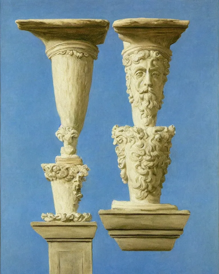 Prompt: achingly beautiful painting of intricate ancient roman corinthian capital on a baby blue background by rene magritte, monet, and turner.