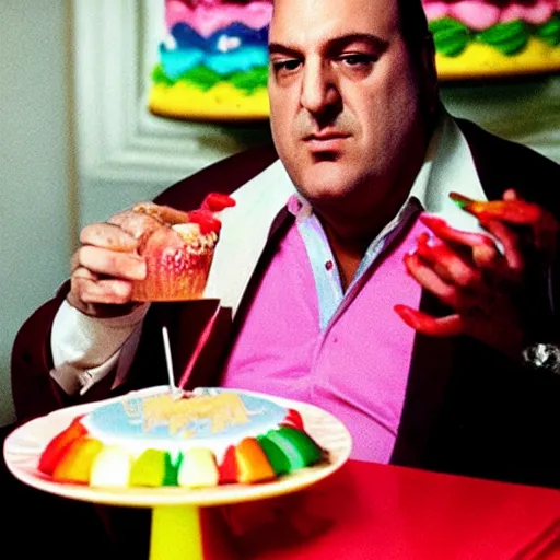 Prompt: tony soprano eating a rainbow candy cake t