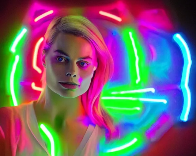 Image similar to margot robbie as neon led art, hyper detailed, award winning