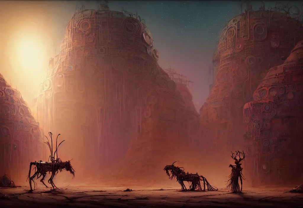 Image similar to A techno-magical male-shaman in shamanistic robes performs a ritual to resurrect a mechanical horse in a huge steel ancient ruins covered of dunes of sand. Art by Finnian MacManus, Simon Stalenhag. Masterpiece, fantasy art, cinematic, hyperdetailed, sigils, photorealistic, cyberpunk, postapocalyptic, steampunk, hyperrealism, octane render, 8k