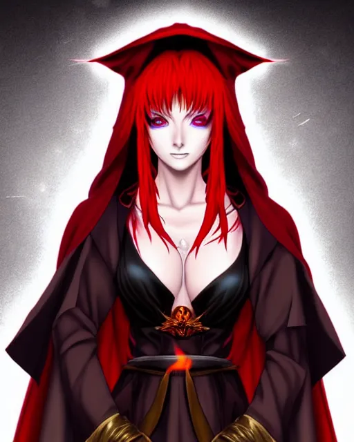 Prompt: portrait Anime sorceress with red hair; cloak with hood; she is summoning fire all around her; pretty face, realistic shaded Perfect face, fine details. Anime. realistic shaded lighting by Kim Jung Gi